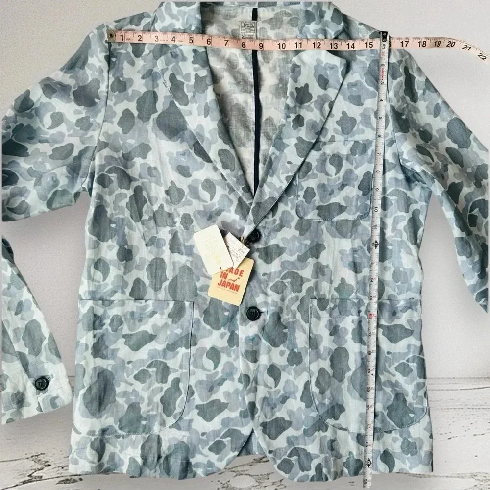 Japanese Linen Mens Blue Camouflage 2pc Matching Set Blazer and Short Size M